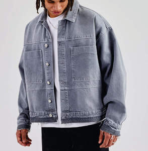 Chaqueta de mezclilla lavada para hombre, corte holgado, cuello vuelto, abotonadura sencilla, informal, de algodón para otoño, con dobladillo deshilachado y manga regular - Product Image 1