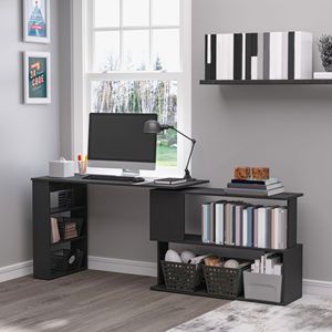 Scrivania da Ufficio a L Girevole a 360° con Scaffali Portaoggetti e Tavolo per Scrittura, Nera - Resistente e Funzionale - Product Image 2