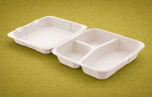 Boîte alimentaire jetable en bagasse biodégradable 9x6, type clamshell, 3 compartiments - Product Image 5