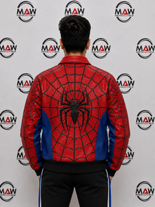 เสื้อแจ็คเก็ตบอมเบอร์ลายใยแมงมุมสีแดงน้ำเงินสำหรับผู้ชาย ยี่ห้อ MAW  แบบซิป  ปกคอพับได้  สไตล์ลำลอง  แฟชั่นสตรีทแวร์สำหรับฤดูใบไม้ร่วง - Product Image 2