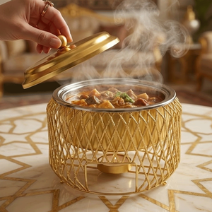 Plat à gratin moderne de luxe en métal doré avec couvercle, chauffe-plat rond isolé, plat de service pour buffet, extérieur poli avec bougie chauffe-plat - Product Image 6