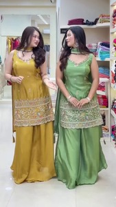 Ensemble de dupatta en soie satinée brodée de fleurs traditionnelles indiennes pour femmes, tenue ethnique pour mariage et fiançailles, vert jaune automne/printemps - Product Image 6