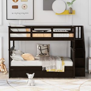 Letto a castello matrimoniale Espresso con letto estraibile singolo, contenitore e sponda di protezione per camera da letto, dormitorio, accesso via scale - Vecchio SKU LT000210AAP - Product Image 2