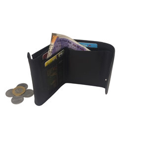 Portefeuille pour femmes en cuir de chèvre noir compact minimaliste quotidien, lin de qualité supérieure, 3 emplacements pour cartes et 2 poches - Product Image 3