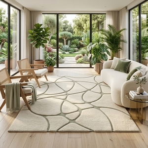 Alfombra Moderna Abstracta con Patrón de Piedra en Color Marfil y Verde Salvia, Rectangular, de Lana y Acrílico, Antideslizante, para Sala de Estar - Product Image 6