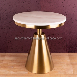 Table d'appoint ronde de luxe en pierre de Carrare blanche avec piétement conique en or brossé, vente en gros, directement de l'usine - Product Image 3