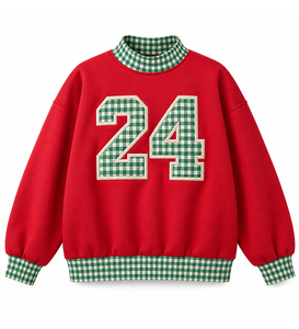 Sudadera OEM de cuello simulado roja para mujer, con patchwork de cuadros verdes y bordado 'Merry Days', de hombro caído, jersey de invierno - Product Image 5