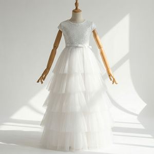 Robe de bal princesse formelle en dentelle blanche à sequins superposés, manches bouffantes, superposition en tulle étoilé, pour mariage de filles, vente en gros, qualité supérieure, OEM - Product Image 3