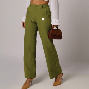 Olive Green Wide Leg <b>Pants</b> High Waist Full Length Solid Color With Logo On Right Leg Elegant Style For Women Autumn Wear - Product Image 1