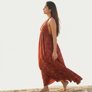 เดรสแม็กซี่พิมพ์ลายบล็อกสำหรับผู้หญิง คอวี แขนกุด สไตล์ลำลอง ทรงหลวม โบฮีเมียน ผ้าฝ้าย ชุดลำลองและเทรนด์แฟชั่นสำหรับผู้หญิง - Product Image 1