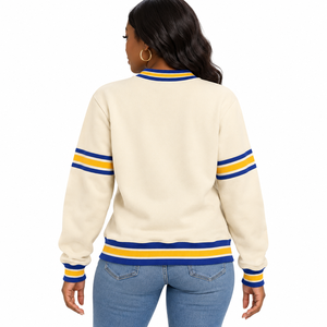 Sudadera de Felpa con Cuello Redondo y Bolsillo Canguro, Color Azul Rey con Rayas Doradas y Ribete Acanalado, de Sigma Gamma Rho Poodle Chenille - Product Image 2