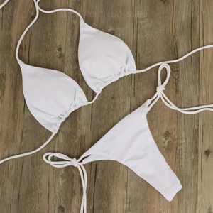 Ensemble bikini noir 2 pièces pour femme, haut triangle et bas string en Spandex Nylon, coupe extensible, style classique, maillot de bain à nouer - Product Image 3