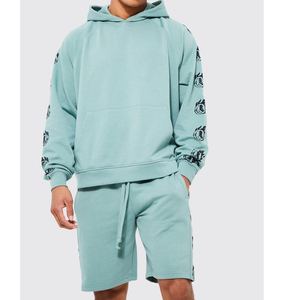 Ensemble sweat à capuche et short pour homme, bleu clair, imprimé par transfert thermique, en molleton, décontracté, pour l'été, 100 % coton tricoté, respirant - Product Image 1