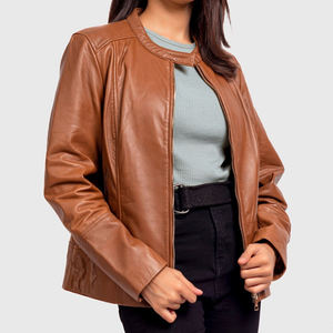 Women's Vintage Sheep Skin <b>Leather</b> Jacket Fashion Motorcycle Style Genuine Outerwear Stripe Knitted Breathable Cotton Lining - Product Image 2