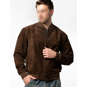 Brown <b>Suede</b> Bomber <b>Jacket</b> Casual Stand Collar Zipper Closure Regular Fit Autumn Outerwear - Product Image 4