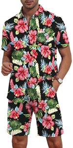 เสื้อเชิ้ตแขนสั้นพิมพ์ลายดอกชบาสีดำแดงสำหรับผู้ชาย พร้อมกางเกงขาสั้นเข้าชุด 2 ชิ้น ชุดลำลองสไตล์ฮาวาย - Product Image 2