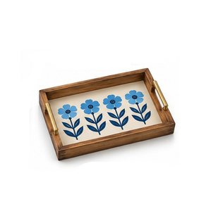 <b>Wood</b> Serving <b>Tray</b> With Blue Floral Pattern And Metal Handles Residential Use - Product Image 6
