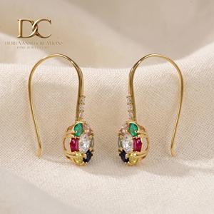 14KT Solid Yellow Gold Hoop Drop <b>Earring</b> with Lab Grown Diamond and Multi Gemstone IGI Certified Vintage <b>Fine</b> Jewelry for Women - Product Image 4