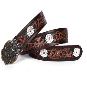 Unisex Genuine Leather Western Brown Embossed Floral <b>Belt</b> Waist <b>Accessory</b> Antique Buckle Tooled Leather <b>Belt</b> - Product Image 2