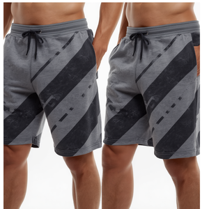 Shorts de bain gris rayés pour hommes, taille mi-haute, avec cordon de serrage, séchage rapide, style décontracté, en tissu tricoté, avec poches - Product Image 4