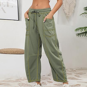 Pantalones de chándal holgados y cómodos de algodón 100% para mujer, estilo barrel, con cintura elástica y bolsillos, joggers de frente plano para primavera - Product Image 2