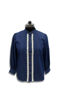 Blusa de Mezclilla para Mujer con Ribete de Encaje, Cuello Mao, Manga Larga, Corte Holgado Informal, Camisa con Botones - Product Image 1