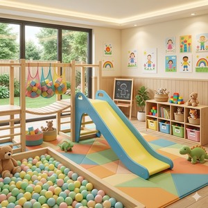 ชุดสไลเดอร์และชิงช้าสำหรับเด็กเล่นในร่ม ขายส่ง สนุกสนานอเนกประสงค์ สำหรับเด็ก หลากสี ทำจากไม้สน สำหรับโรงเรียนอนุบาล - Product Image 1