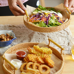 ถาดเสิร์ฟอาหารร้านอาหารราคาส่ง ถาดเสิร์ฟหวาย ถาดหวายกลมพร้อมหูจับ - Product Image 2