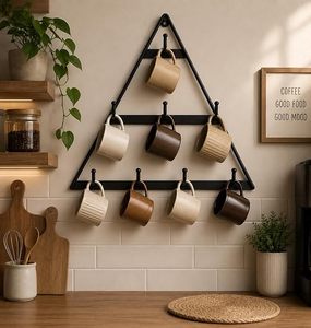 Support mural triangulaire en métal pour tasses, à trois niveaux, minimaliste, pour rangement de cuisine, finition peinture cuite durable - Product Image 1