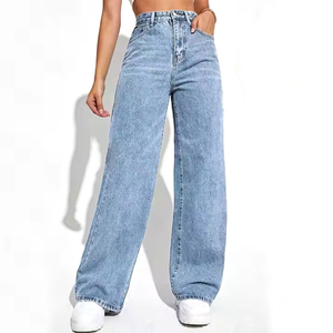 Jeans en denim d'hiver pour femmes de haute qualité, taille haute, jambe large, 100% coton, style streetwear, service OEM, vente en gros de pantalons pour femmes - Product Image 1