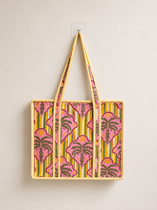 Magnifique sac fourre-tout en toile imprimé multicolore de style bohème pour femme, avec motif palmier rayé, idéal pour le shopping estival - Product Image 1