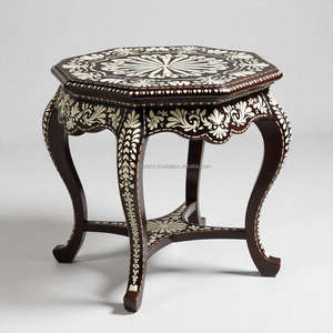 Table ronde exquise en bois avec incrustation d'os Design floral artisanal Décoration de maison luxueuse pour des espaces sophistiqués - Product Image 1