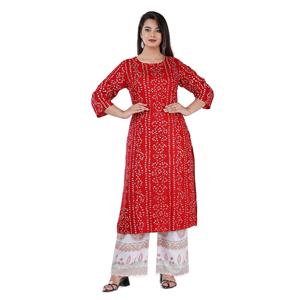 ชุดคุर्ตาผ้าฝ้ายพิมพ์ลายแบนฮานีสีแดงของ Aarti Fashion พร้อมกางเกงปาลาซโซพิมพ์ลายสีขาวสำหรับผู้หญิง เสื้อผ้าอินเดียและปากีสถาน รุ่น 10 - Product Image 1