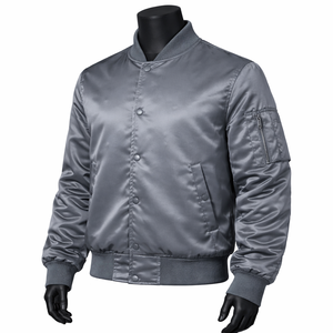 Blouson bomber gris pour homme, couleur unie, col montant, doublure en polyester satiné, vêtement décontracté pour l'automne, coupe classique, fermetures éclair décoratives - Product Image 3