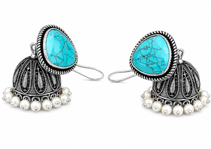 Pendientes Colgantes de Turquesa Hechos a Mano, Disponibles con MOQ |   Pendientes Jhumka de Plata Oxidada Tribal para Mujer - Product Image 4