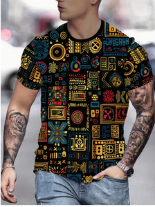 Men s Black Short Sleeve T-<b>Shirt</b> With Geometric Pattern O-Neck Casual Woven Fabric Printed Design Black geometric patterned - Product Image 5