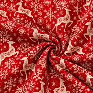 Tela Navideña Roja con Estampado de Renos y Copos de Nieve, Material de Costura para las Fiestas - Product Image 3