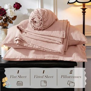 100% Linen Woven Modern Grade 4-Piece Bed <b>Sheet</b> <b>Set</b> Pink Color 100TC Solid Pattern Eco-Friendly All-Season - Product Image 3