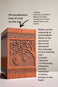 Handcrafted American Style Eco-Friendly Durable Wooden Cremation Urn Tree Bee Carving Personalized <b>Memorial</b> <b>Box</b> 220 Cubic Inch - Product Image 4