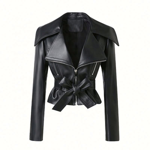 Women's Genuine Leather Moto Jacket With Belted Waist Slash Neck <b>Zipper</b> Closure Full Sleeve Autumn Style Customized design - Product Image 5