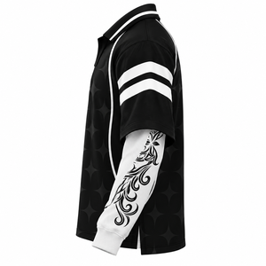 Men's Oversized Streetwear <b>Polo</b> Shirt <b>Black</b> White Letter Print Long Sleeve Layered Jersey <b>Top</b> - Product Image 4