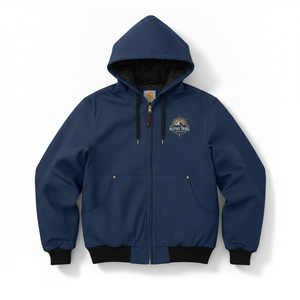 Chaqueta con Capucha y Cierre de Cremallera Alpine Trail, Color Azul Marino Sólido, Logotipo Bordado, Resistente al Viento, Ropa Casual de Invierno, Corte Regular - Product Image 1