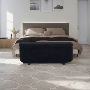 Panca ovale contenitore L8133 in velluto nero Teddy, elegante mobile per camera da letto - Product Image 1