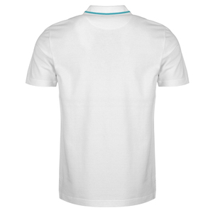 เสื้อโปโลแขนสั้นสีขาวสำหรับผู้ชาย ดีไซน์ลายทางสีน้ำเงินและกรมท่าแบบคัลเลอร์บล็อก ผ้าถักปิเก้ลำลอง - Product Image 3