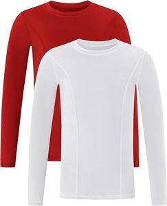 T-shirt blanc et rouge à manches longues, col rond, sport, séchage rapide, polyester, brodé, couleur unie, coupe unisexe, confortable et résistant à l'usure - Product Image 1