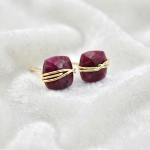 Handmade Geometric <b>Cushion</b> Cut Dyed Ruby Wire Wrapped Stud Earrings Dainty Jewelry in 18K Gold Plated - Product Image 1