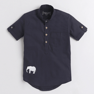 ลายจุดครึ่งแขนสั้นเย็บปักถักร้อยช้าง Kurta-น้ำเงิน - Product Image 1