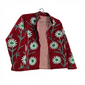 Luxury Red <b>Velvet</b> Women's <b>Jacket</b> with Handmade Floral Embroidery | Boho Style Winter Coat | Premium Kashmiri Aari Work Outerwear - Product Image 2