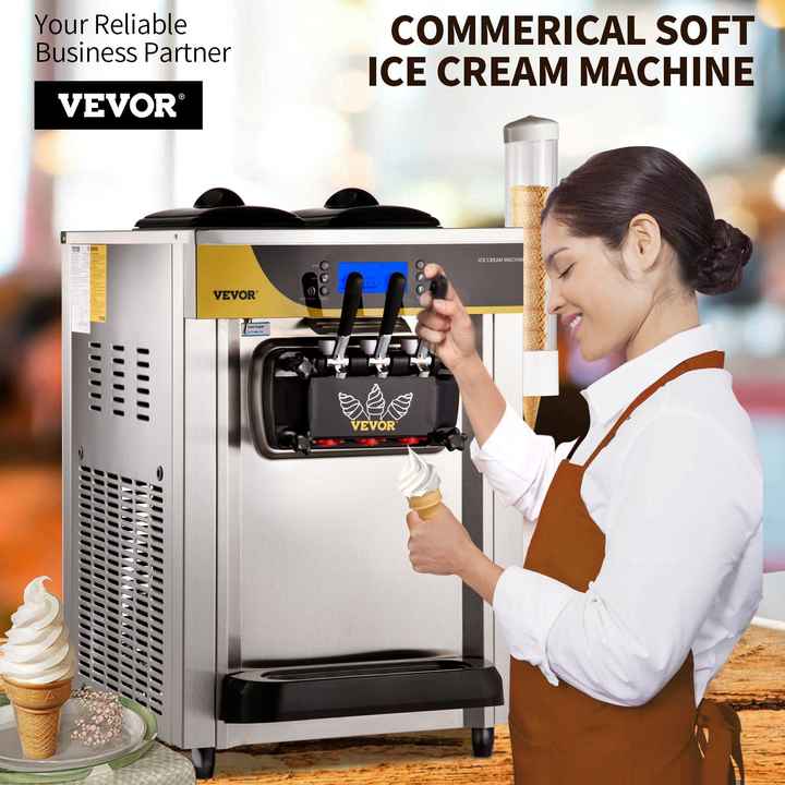 2200W Commercial Countertop Ice Cream Maker 22-30L/H Soft Serve Machine 2x6L Hopper 2L Cylinder LCD Panel Puffing Shortage Alarm