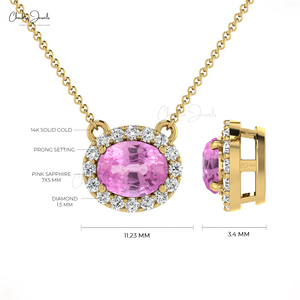 Top Quality Natural 7x5mm Oval Cut Pink Sapphire Gemstone Necklace in 14k Fine Gold Diamond Halo Necklace Top Wholesale Supplier - Product Image 4
